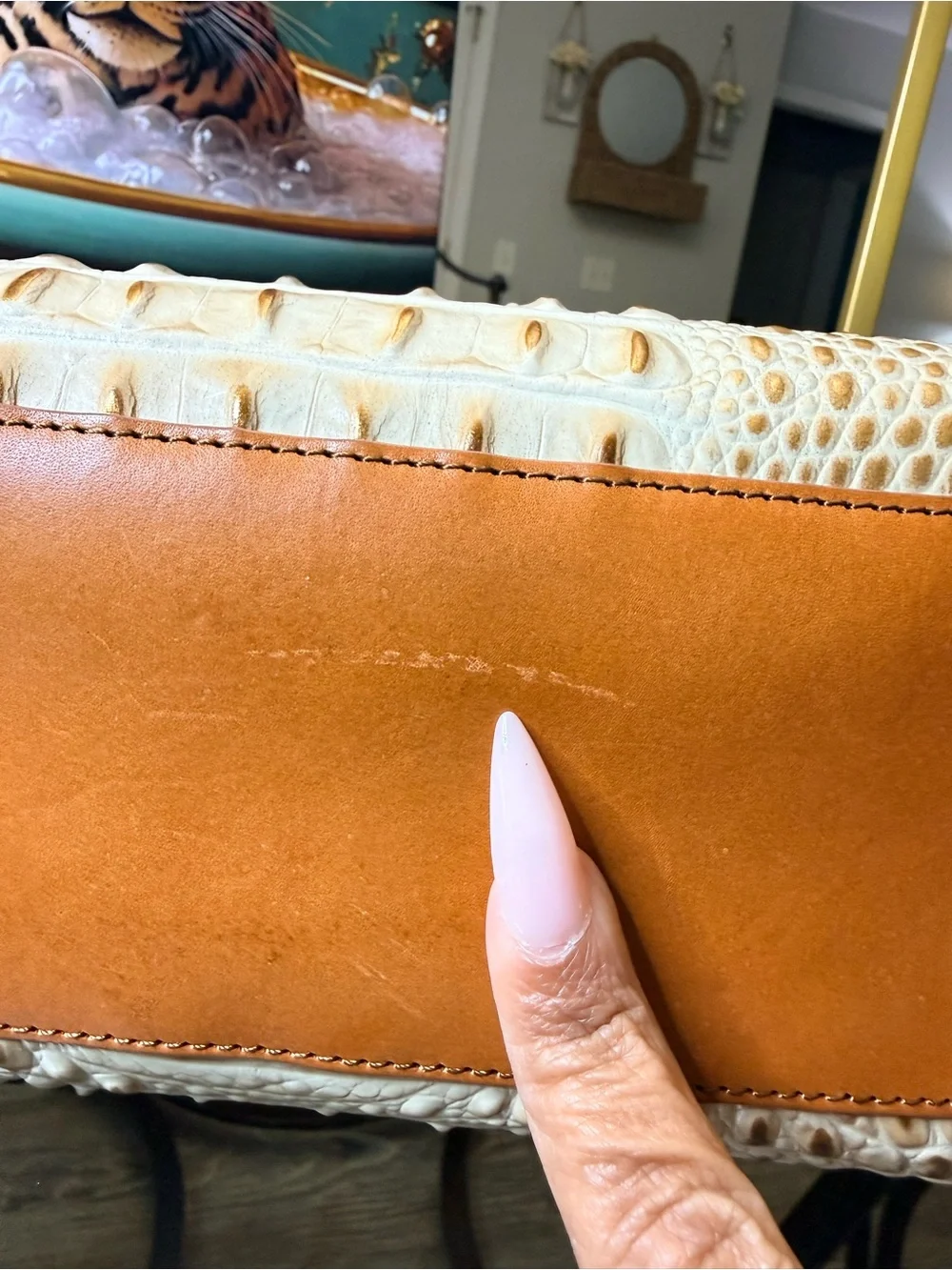 Brahmin Cream Croc-Embossed Satchel with Tan Trim